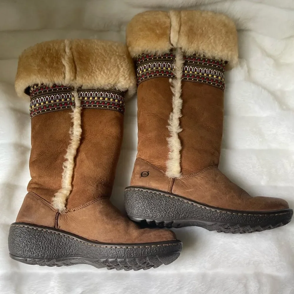 Born leather suede tan boots shearling fur lined multi color ribbon appliqué SZ6